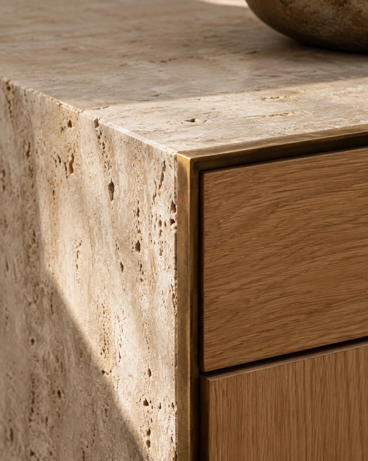 Travertine, oak and brass material detail
